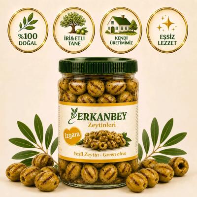 Erkanbey |İri Boy| Gurme Izgara Yeşil Zeytin (1 Kg)⭐